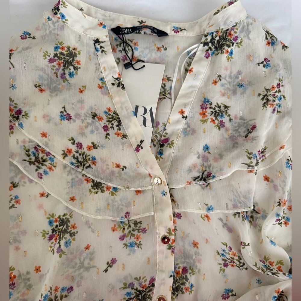 ZARA RUFFLED FLORAL SEMI SHEER BLOUSE - Picture 2 of 3